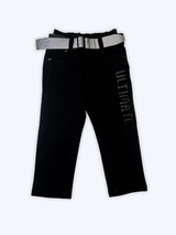 Boys' black straight-fit pants with the word 'ULTIMATE' printed/embroidered on the side, shown with an included silver-buckle belt against a white background.