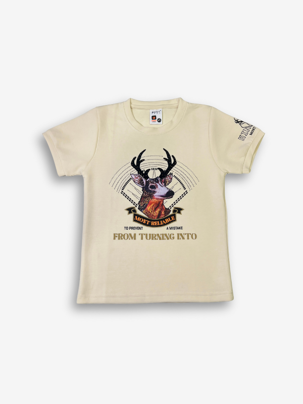 Off-white/cream boys' short-sleeve T-shirt with a light blue and gray brushstroke texture, featuring the word "MOUNTAIN" in a pink/purple gradient and a motivational quote below