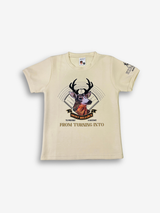 Off-white/cream boys' short-sleeve T-shirt with a light blue and gray brushstroke texture, featuring the word "MOUNTAIN" in a pink/purple gradient and a motivational quote below