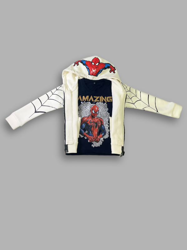 Cream/off-white boys' full-zip hoodie jacket with a Spider-Man mask design on the hood, black spider web graphics on the sleeves, and a small "Spider-Man Ultimate" logo on the chest