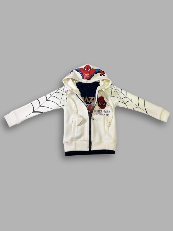 Cream/off-white boys' full-zip hoodie jacket with a Spider-Man mask design on the hood, black spider web graphics on the sleeves, and a small "Spider-Man Ultimate" logo on the chest