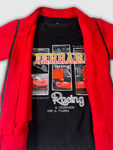 Bright red boys' zip-up jacket with black piping and gold horse emblems on the sleeves, styled over a black graphic T-shirt