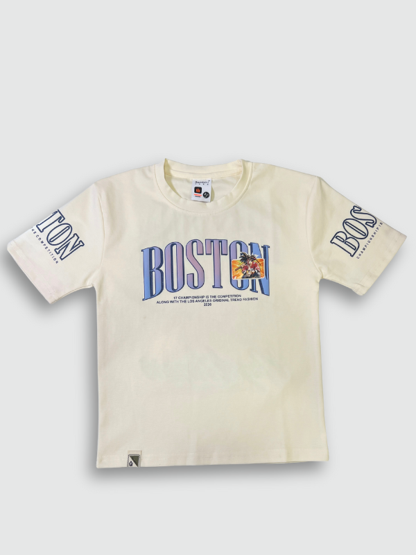 Off-white/cream boys' short-sleeve T-shirt with a light gray brushstroke pattern, featuring the word "MOUNTAIN" in a pink and purple gradient and a motivational quote in white below