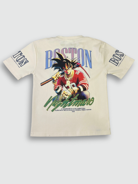 Off-white/cream boys' short-sleeve T-shirt with a light gray brushstroke pattern, featuring the word "MOUNTAIN" in a pink and purple gradient and a motivational quote in white below