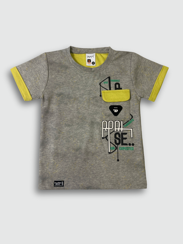 Speckled gray boys' short-sleeve T-shirt with bright yellow trim on the cuffs and a matching yellow chest pocket, featuring a black, green, and white technical graphic