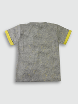Speckled gray boys' short-sleeve T-shirt with bright yellow trim on the cuffs and a matching yellow chest pocket, featuring a black, green, and white technical graphic
