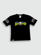 Black boys' short-sleeve T-shirt with a blue, yellow, and green gradient graphic of the word "Naruto" and the text "FIGHT FOR A NEW ONE"