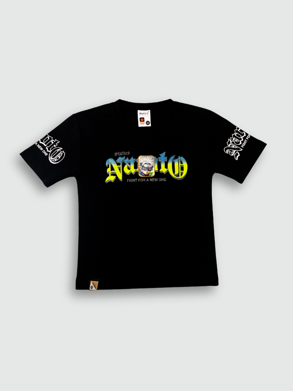 Black boys' short-sleeve T-shirt with a blue, yellow, and green gradient graphic of the word "Naruto" and the text "FIGHT FOR A NEW ONE"