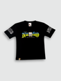 Black boys' short-sleeve T-shirt with a blue, yellow, and green gradient graphic of the word "Naruto" and the text "FIGHT FOR A NEW ONE"