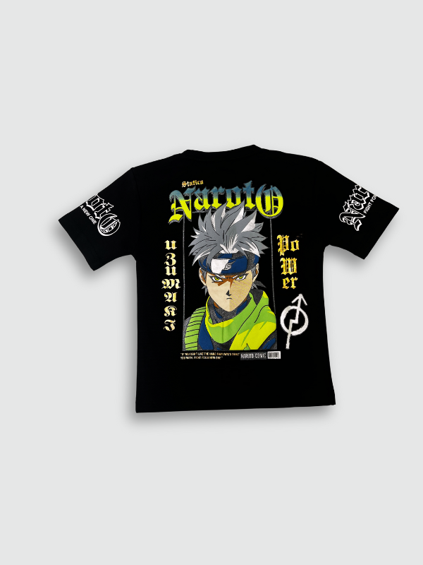 Black boys' short-sleeve T-shirt with a blue, yellow, and green gradient graphic of the word "Naruto" and the text "FIGHT FOR A NEW ONE"