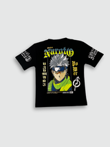 Black boys' short-sleeve T-shirt with a blue, yellow, and green gradient graphic of the word "Naruto" and the text "FIGHT FOR A NEW ONE"