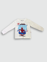 White boys' long-sleeve T-shirt featuring a colorful graphic of Marvel's Spider-Man crouching, with blue graffiti-style text that reads "NEIGHBORHOOD" and a city skyline