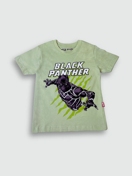 Vibrant lime green boys' short-sleeve T-shirt with a brown and white outlined, distressed "TAZ-MANIA" text graphic in the center