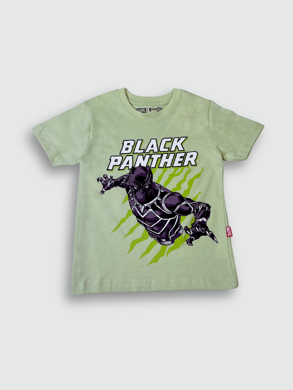 Vibrant lime green boys' short-sleeve T-shirt with a brown and white outlined, distressed "TAZ-MANIA" text graphic in the center