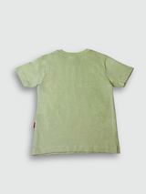 Vibrant lime green boys' short-sleeve T-shirt with a brown and white outlined, distressed "TAZ-MANIA" text graphic in the center