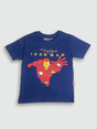 Navy blue boys' short-sleeve T-shirt with a layered-look hem, featuring the white cursive text "Free Spirit" and a small cartoon illustration of a traveler with a backpack