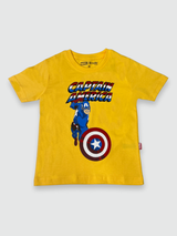 Bright yellow boys' short-sleeve T-shirt with a large, colorful graphic of Marvel's Captain America in an action pose with his shield, and the "CAPTAIN AMERICA" logo above him