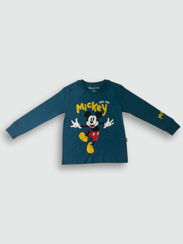 Two-piece boys' long-sleeve night suit in deep teal blue, featuring a large yellow "Mickey" graphic of the Disney character on the top and a matching logo print on the jogger pants