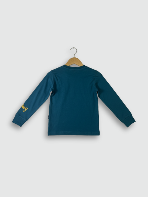 Two-piece boys' long-sleeve night suit in deep teal blue, featuring a large yellow "Mickey" graphic of the Disney character on the top and a matching logo print on the jogger pants