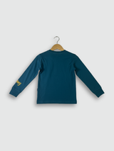 Two-piece boys' long-sleeve night suit in deep teal blue, featuring a large yellow "Mickey" graphic of the Disney character on the top and a matching logo print on the jogger pants