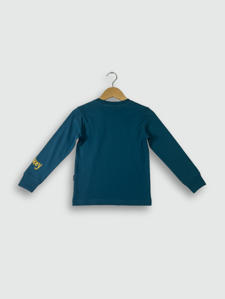 Two-piece boys' long-sleeve night suit in deep teal blue, featuring a large yellow "Mickey" graphic of the Disney character on the top and a matching logo print on the jogger pants