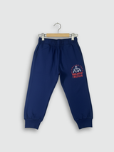 Two-piece boys' long-sleeve night suit in navy blue, featuring a colorful Marvel Black Panther graphic on the top and a matching Black Panther logo print on the jogger pants