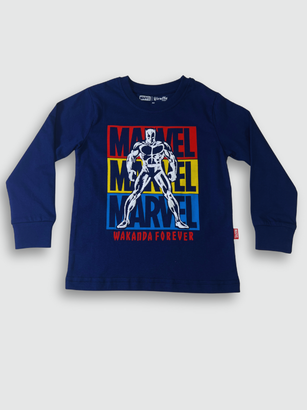 Two-piece boys' long-sleeve night suit in navy blue, featuring a colorful Marvel Black Panther graphic on the top and a matching Black Panther logo print on the jogger pants