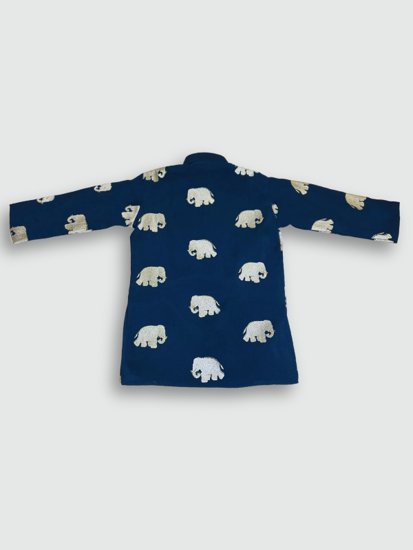 Boys' navy blue full-sleeve kurta with an all-over, repeating metallic silver elephant print, shown hanging on a hook. The ethnic top is suitable for festive occasions