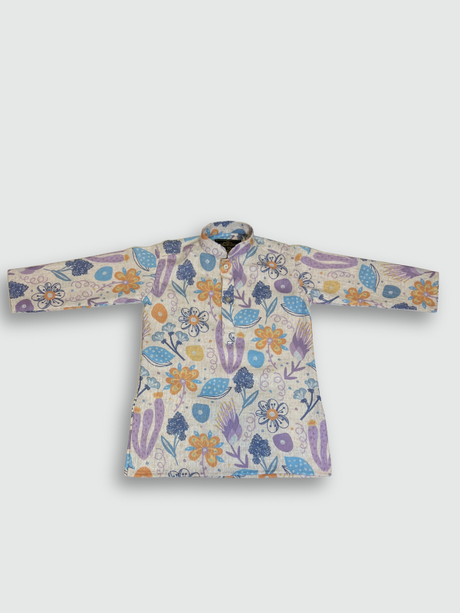 Boys' full-sleeve cream/off-white kurta with an all-over multi-color abstract floral print in purple, blue, and orange, paired with solid white straight-fit pajama bottoms. The ethnic set is shown hanging on a wooden hanger