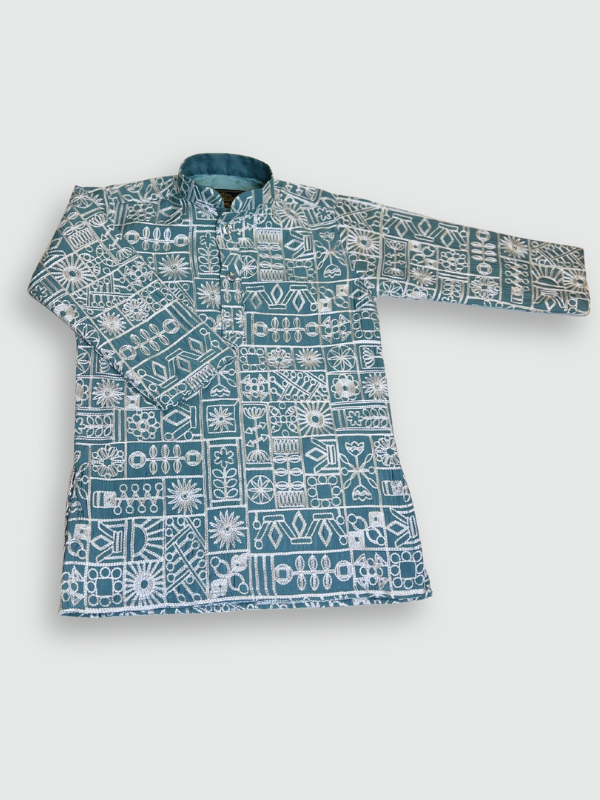 Boys' aqua blue full-sleeve kurta with an intricate white geometric mosaic print, paired with solid white straight-fit pajamas. The set is displayed on a mannequin against a light gray background