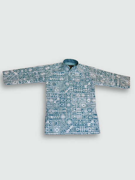 Boys' aqua blue full-sleeve kurta with an intricate white geometric mosaic print, paired with solid white straight-fit pajamas. The set is displayed on a mannequin against a light gray background