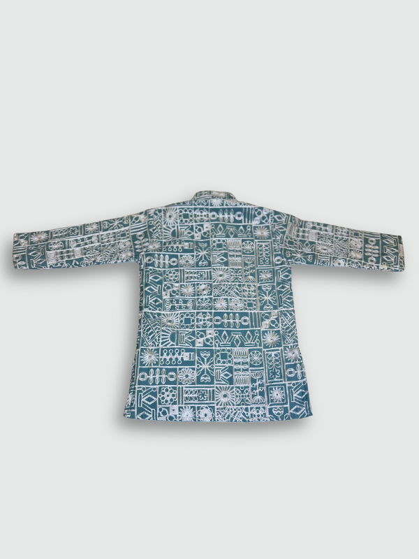 Boys' aqua blue full-sleeve kurta with an intricate white geometric mosaic print, paired with solid white straight-fit pajamas. The set is displayed on a mannequin against a light gray background