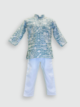 Boys' aqua blue full-sleeve kurta with an intricate white geometric mosaic print, paired with solid white straight-fit pajamas. The set is displayed on a mannequin against a light gray background