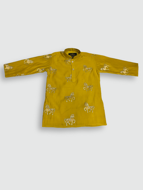 Boys' bright Haldi yellow full-sleeve kurta featuring a repeating gold embroidered horse motif, paired with solid white straight-fit pajama bottoms. The ethnic set is shown against a plain background