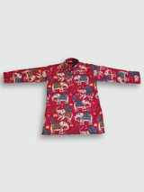 Boys' full-sleeve kurta in a deep Rani Pink/Red color, featuring a vibrant, all-over print of colorful, ornate elephants and tropical flowers. The traditional Indian ethnic topwear is shown on a mannequin