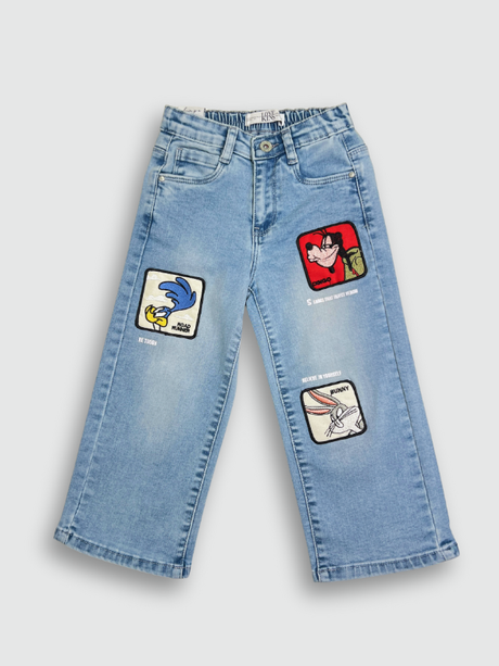 Light blue wash children's wide-leg denim jeans with large square cartoon character patches (including Road Runner and Bugs Bunny) on the front of the legs