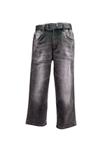 Washed black or charcoal gray boys' denim jeans with a straight leg fit, a distressed faded finish, and an attached black faux-leather belt.