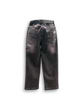 Washed black or charcoal gray boys' denim jeans with a straight leg fit, a distressed faded finish, and an attached black faux-leather belt.