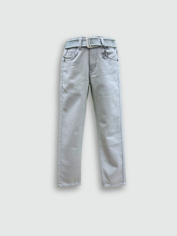 Light gray boys' straight-fit trousers/chinos with a matching woven fabric belt and a small metal charm attached to the belt loop