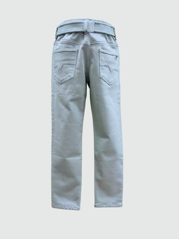 Light gray boys' straight-fit trousers/chinos with a matching woven fabric belt and a small metal charm attached to the belt loop