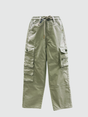 Olive green boys' cargo pants with a relaxed fit, featuring large side flap pockets, an elasticated drawstring waist, and knee stitching detail