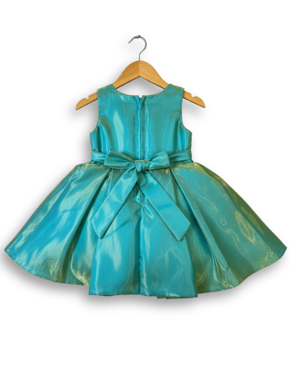 Lime green girls' flared frock (mini anarkali) on a hanger, featuring a yellow/green floral print and heavy gold embroidery around the neckline.