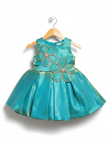 Lime green girls' flared frock (mini anarkali) on a hanger, featuring a yellow/green floral print and heavy gold embroidery around the neckline.