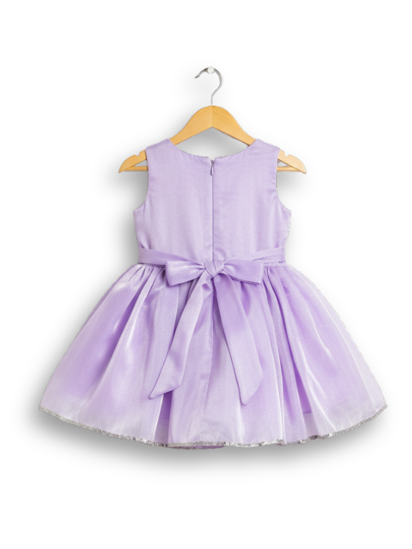 Lavender girls' sleeveless party frock on a hanger, featuring a sequined bodice, a large satin bow at the waist, and a voluminous, layered tulle skirt.