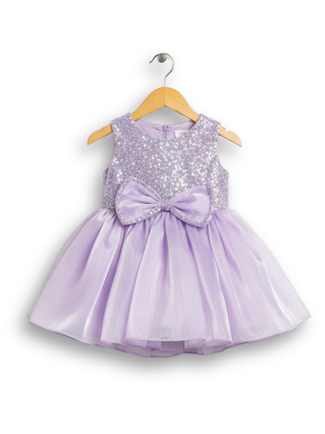 Lavender girls' sleeveless party frock on a hanger, featuring a sequined bodice, a large satin bow at the waist, and a voluminous, layered tulle skirt.