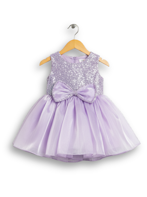 Lavender girls' sleeveless party frock on a hanger, featuring a sequined bodice, a large satin bow at the waist, and a voluminous, layered tulle skirt.