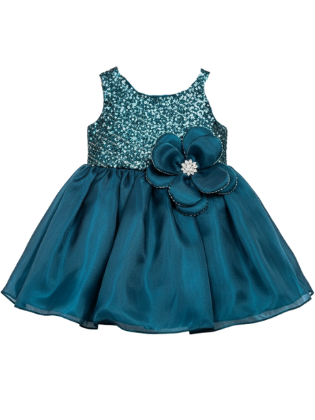 Teal blue girls' sleeveless party frock on a hanger, featuring a sequined bodice, a large matching satin flower with a jewel center, and a voluminous, shimmering skirt.