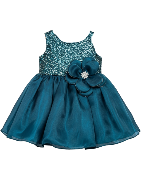 Teal blue girls' sleeveless party frock on a hanger, featuring a sequined bodice, a large matching satin flower with a jewel center, and a voluminous, shimmering skirt.