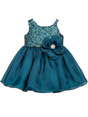 Teal blue girls' sleeveless party frock on a hanger, featuring a sequined bodice, a large matching satin flower with a jewel center, and a voluminous, shimmering skirt.