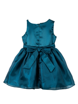 Teal blue girls' sleeveless party frock on a hanger, featuring a sequined bodice, a large matching satin flower with a jewel center, and a voluminous, shimmering skirt.